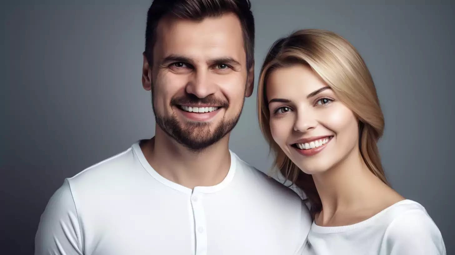 Smiling couple with teeth whitening at Mr. Dentist